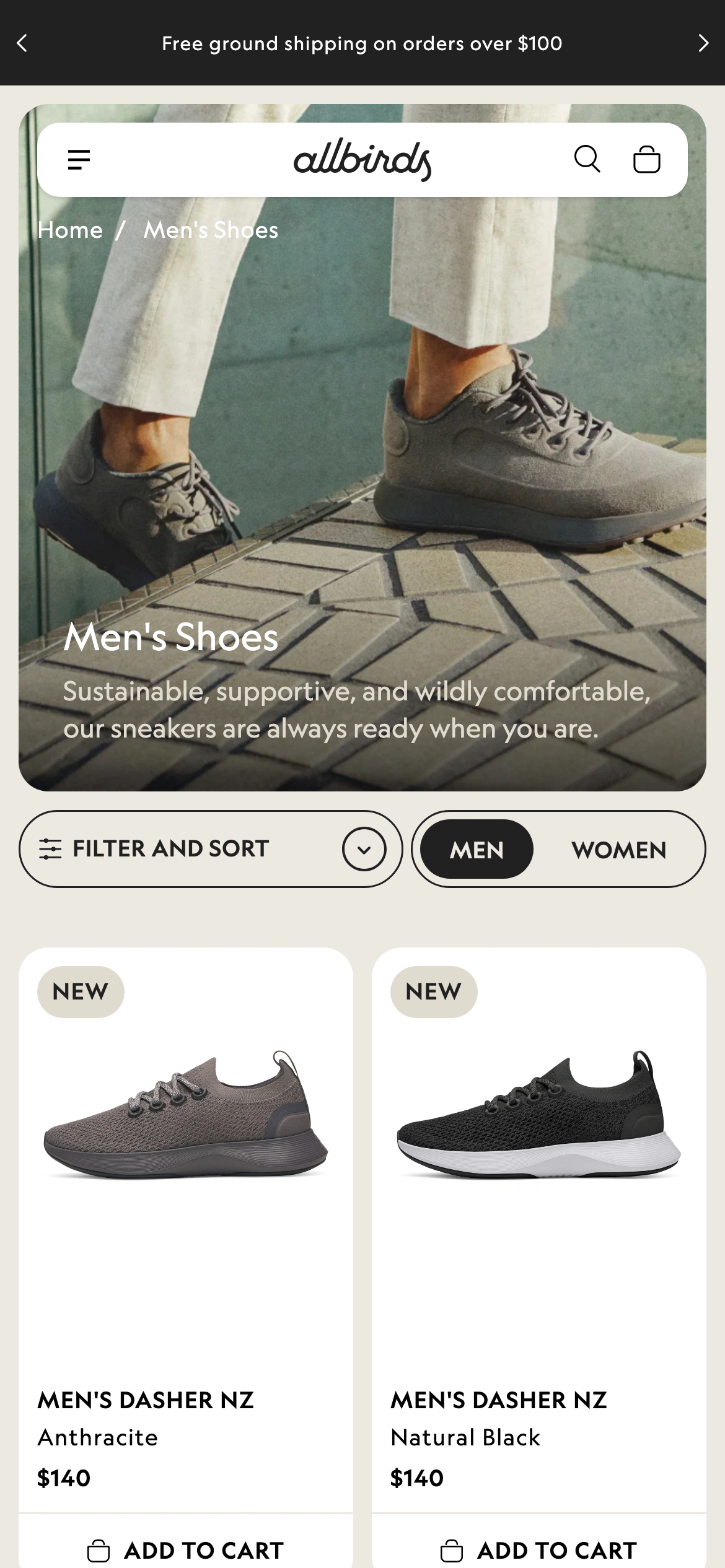 Mobile catalog of Allbirds