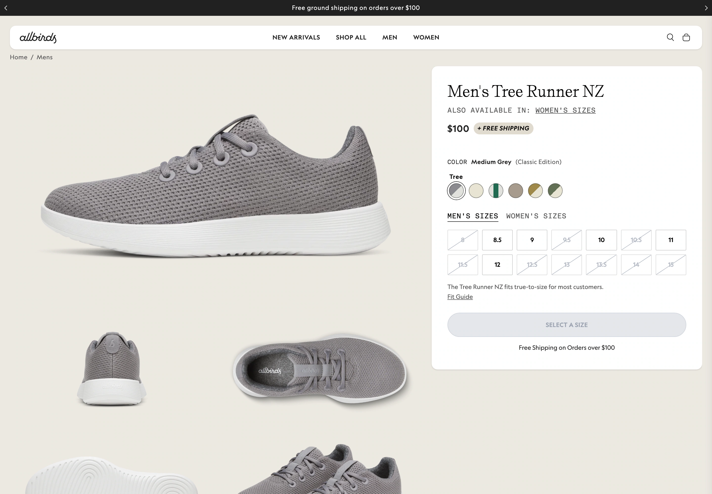Desktop product page of Allbirds
