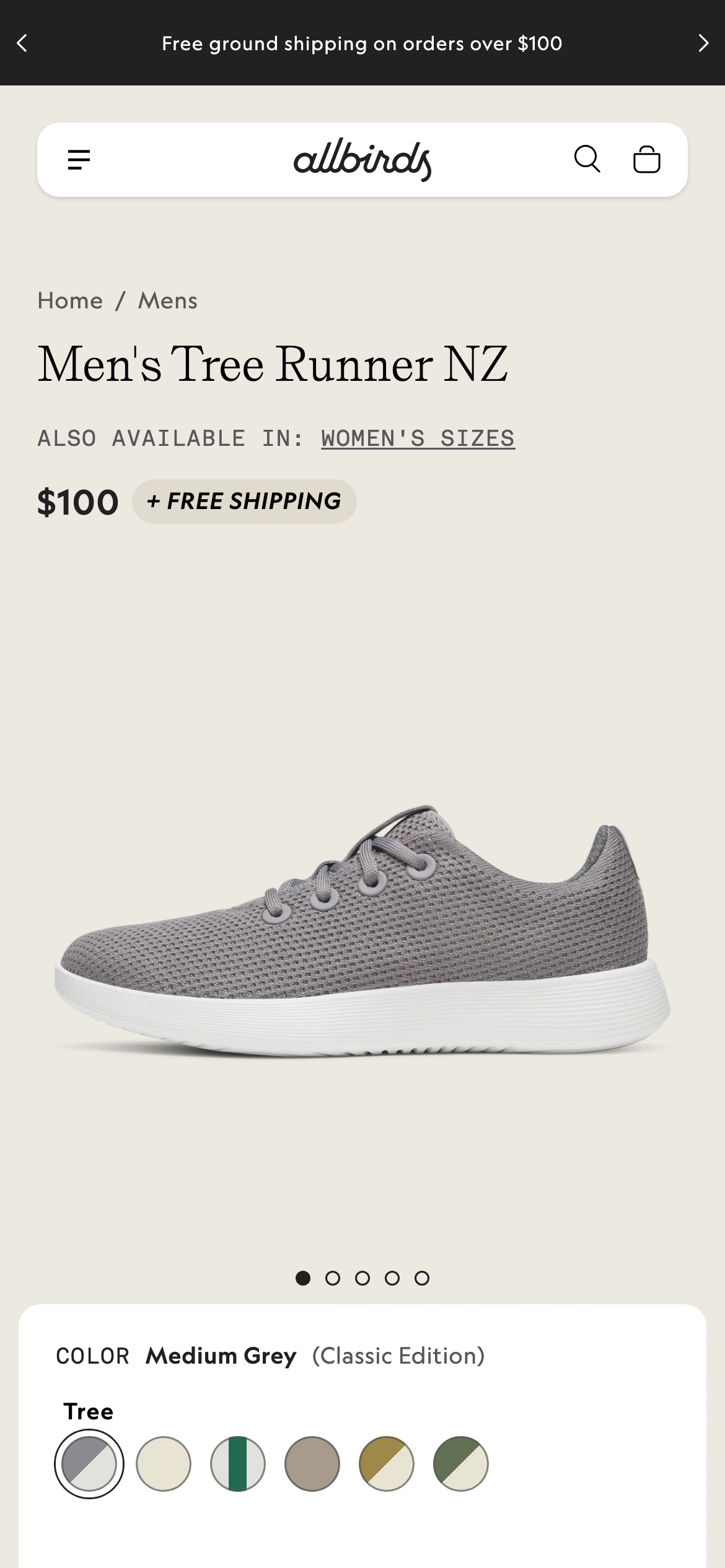 Mobile product page of Allbirds