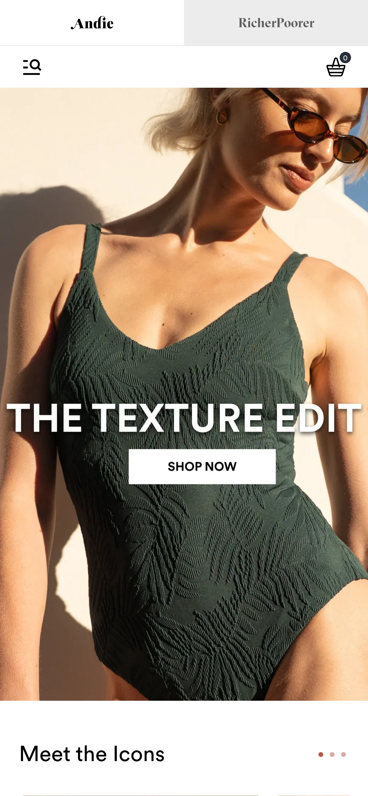 Mobile homepage of Andie Swim