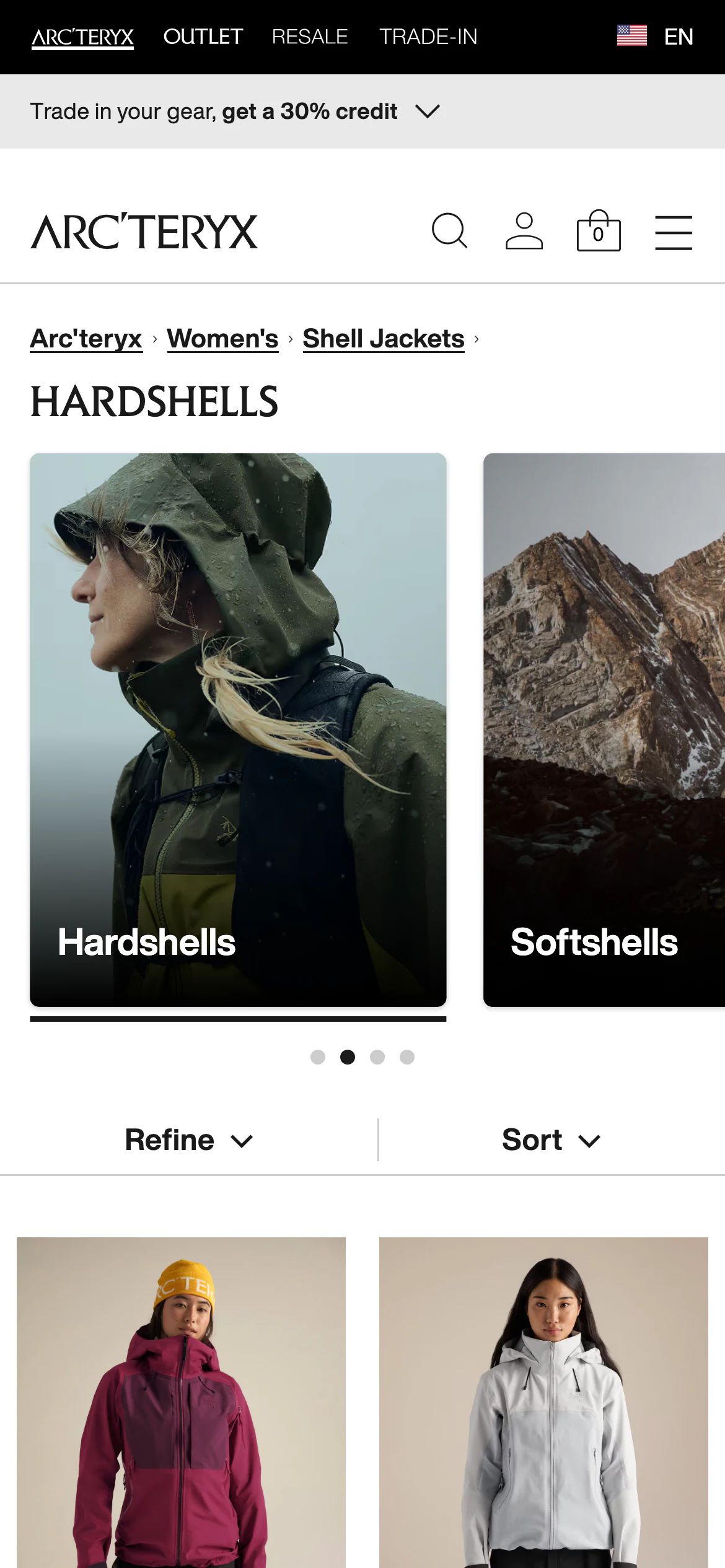 Mobile catalog of Arc'teryx