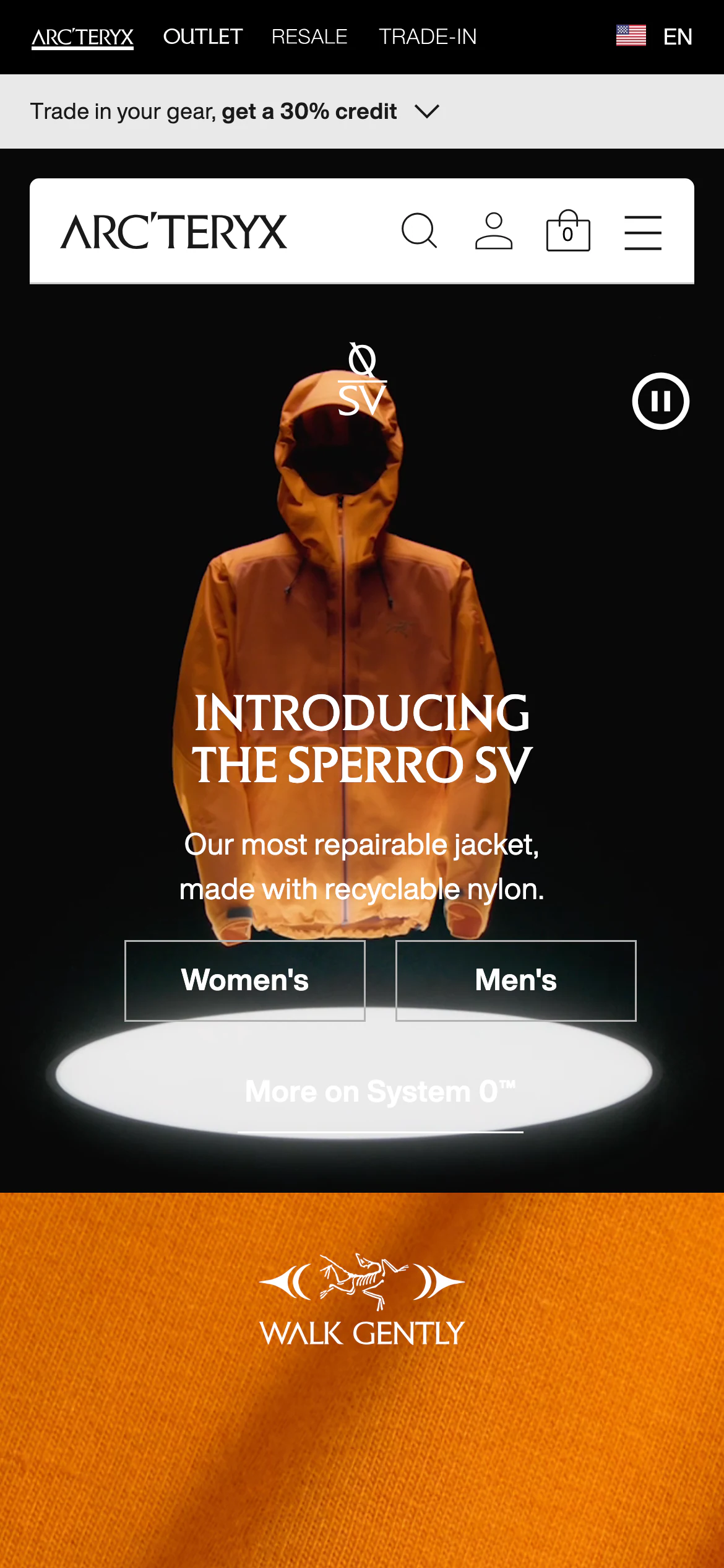 Mobile homepage of Arc'teryx