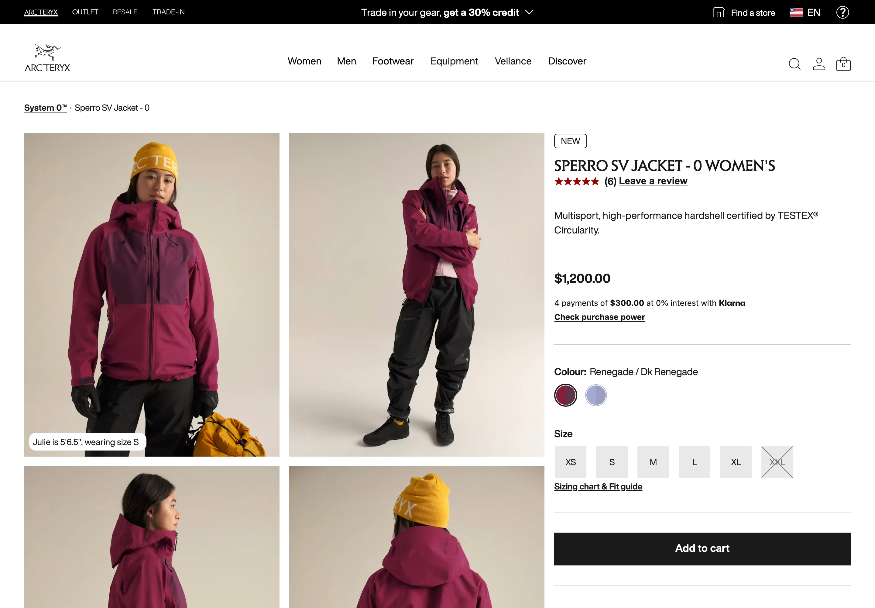 Desktop product page of Arc'teryx