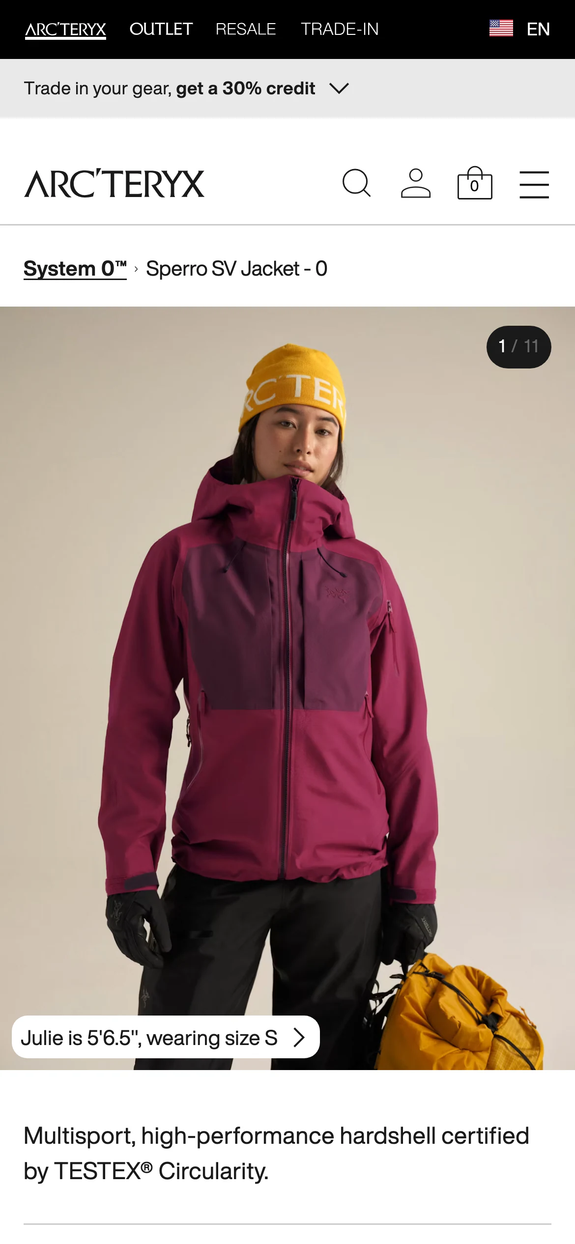 Mobile product page of Arc'teryx