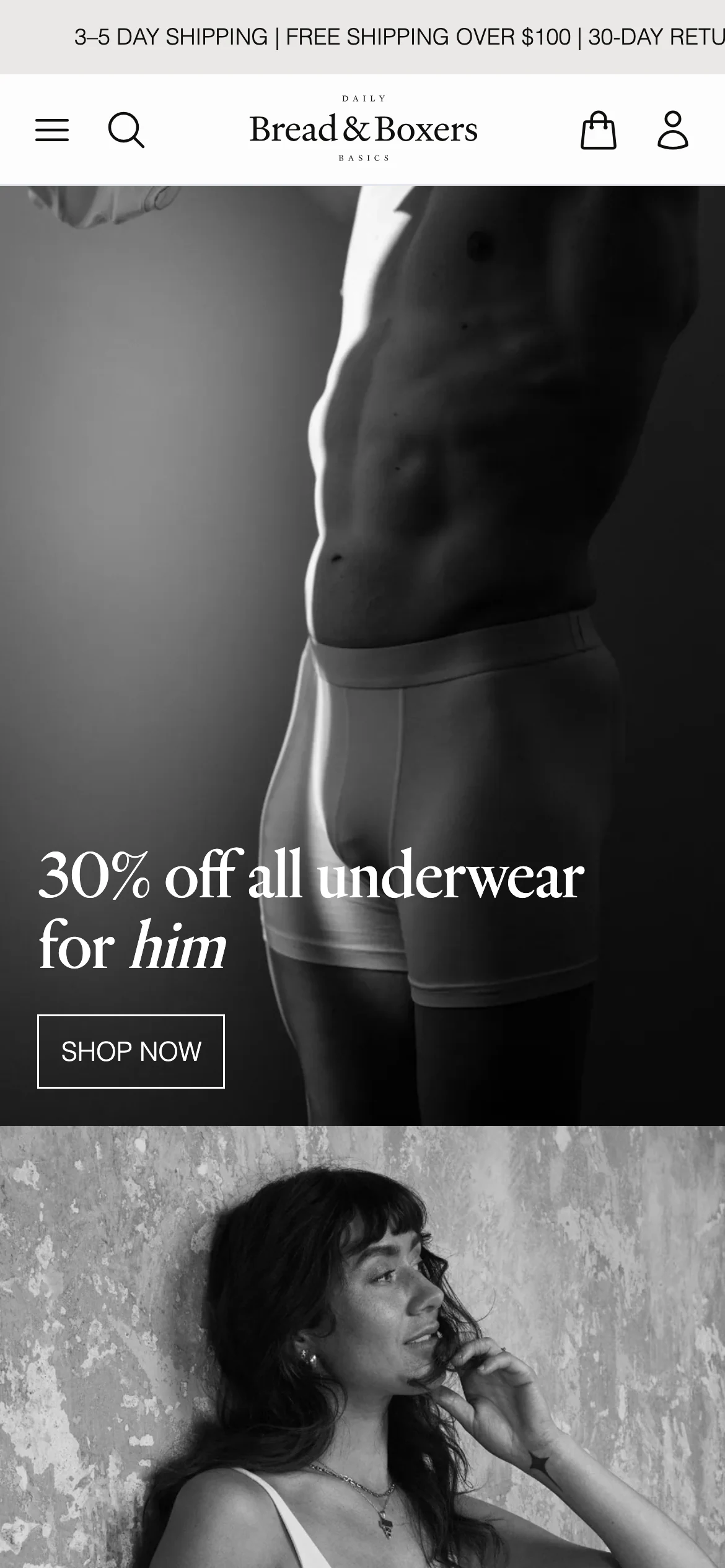 Mobile homepage of Bread & Boxers