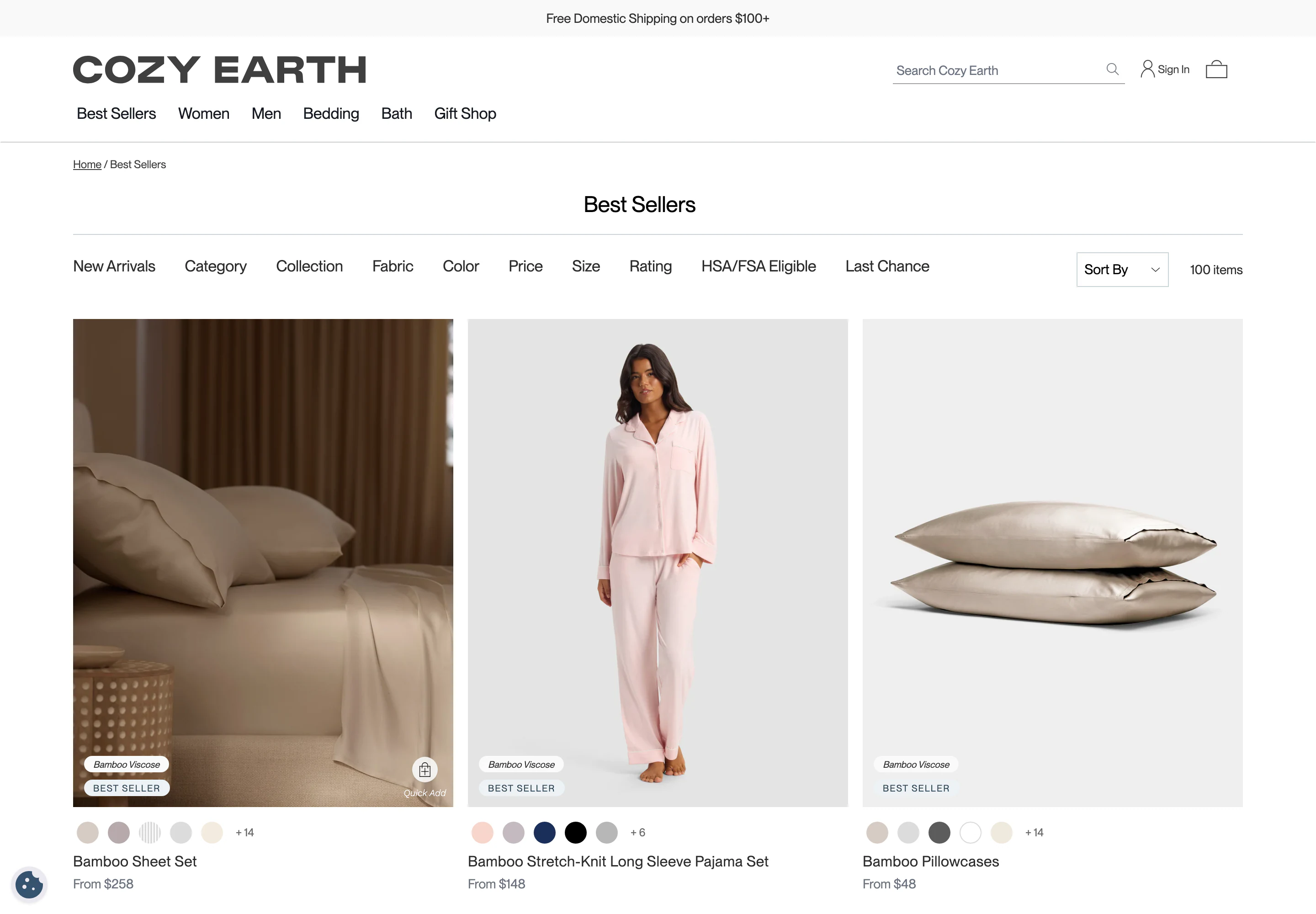 Desktop catalog of Cozy Earth