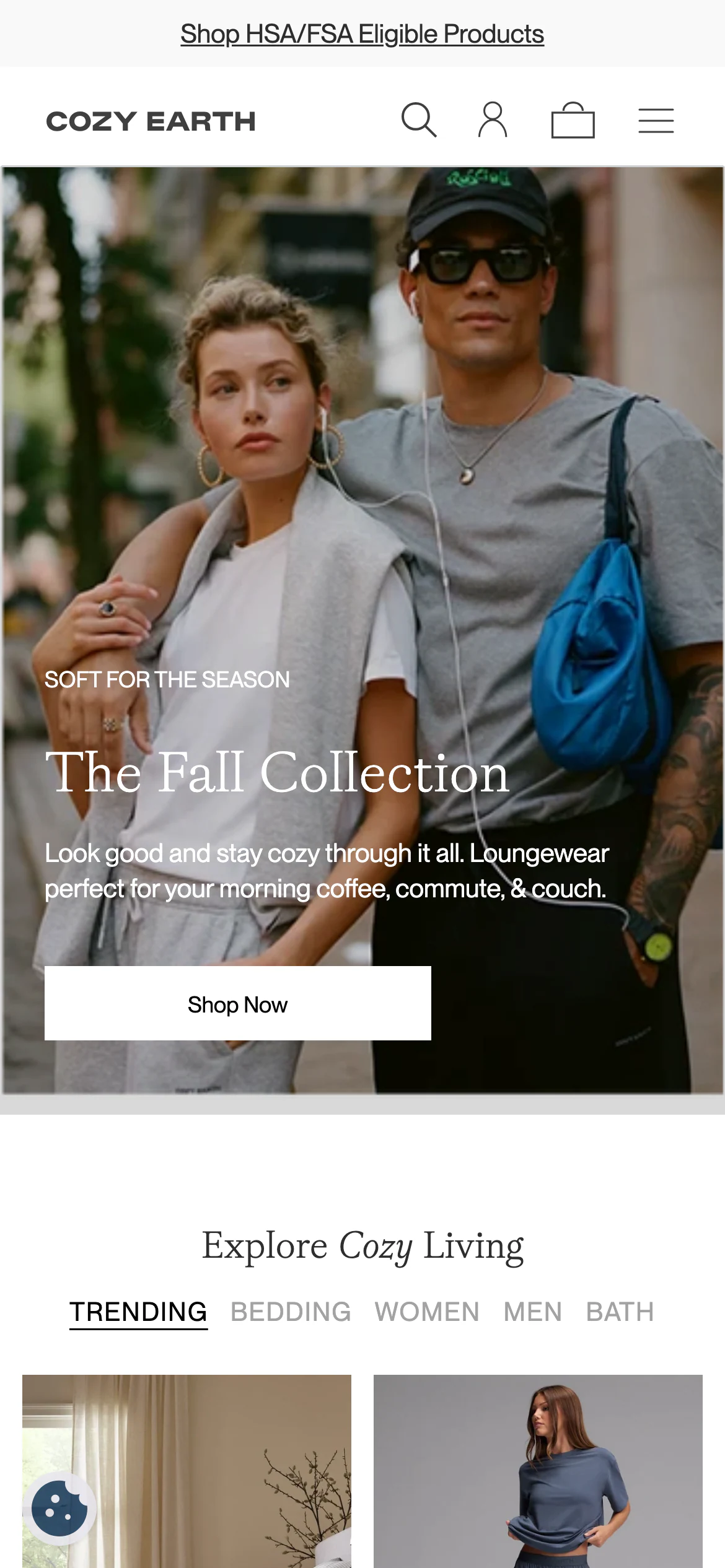 Mobile homepage of Cozy Earth