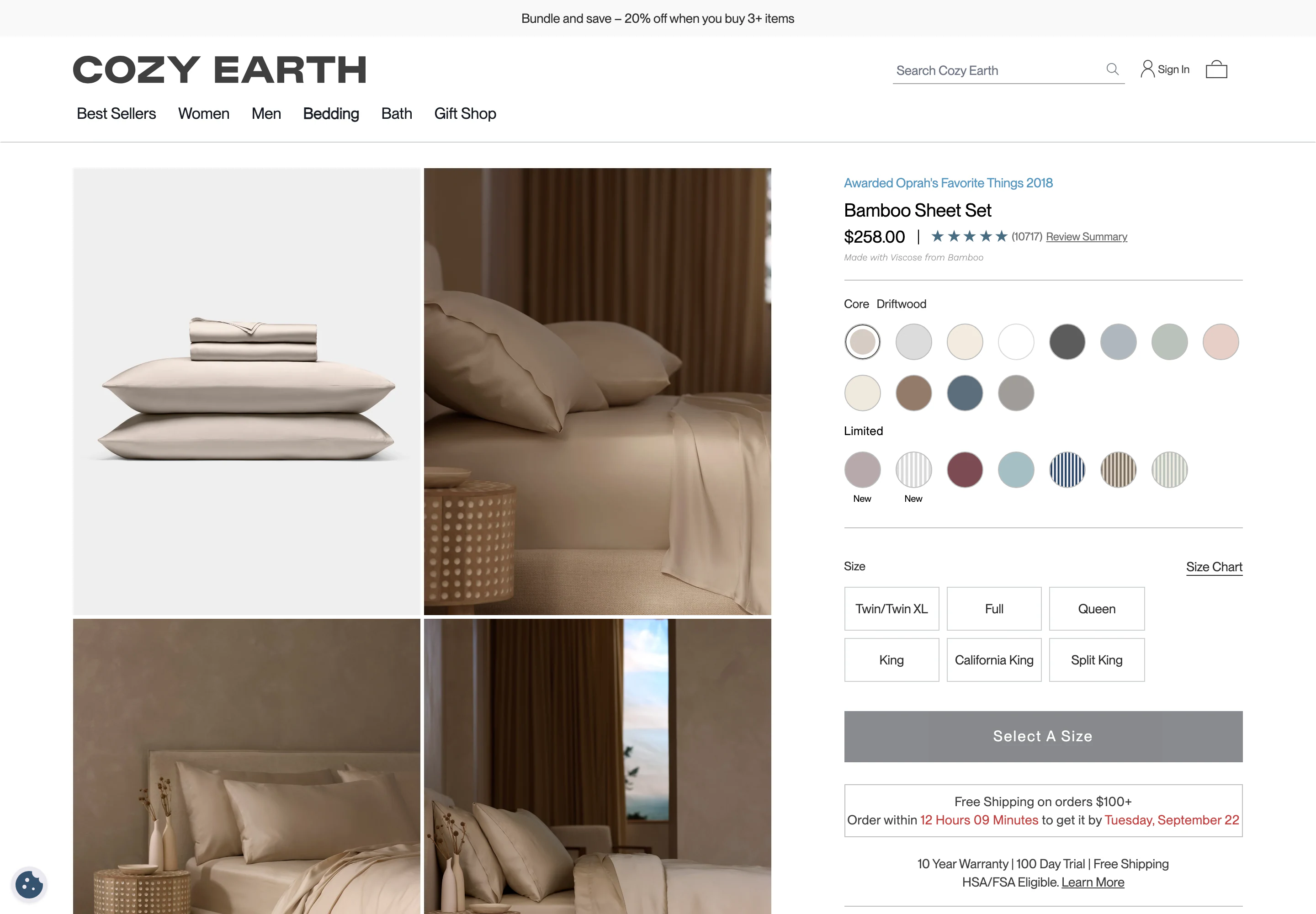Desktop product page of Cozy Earth