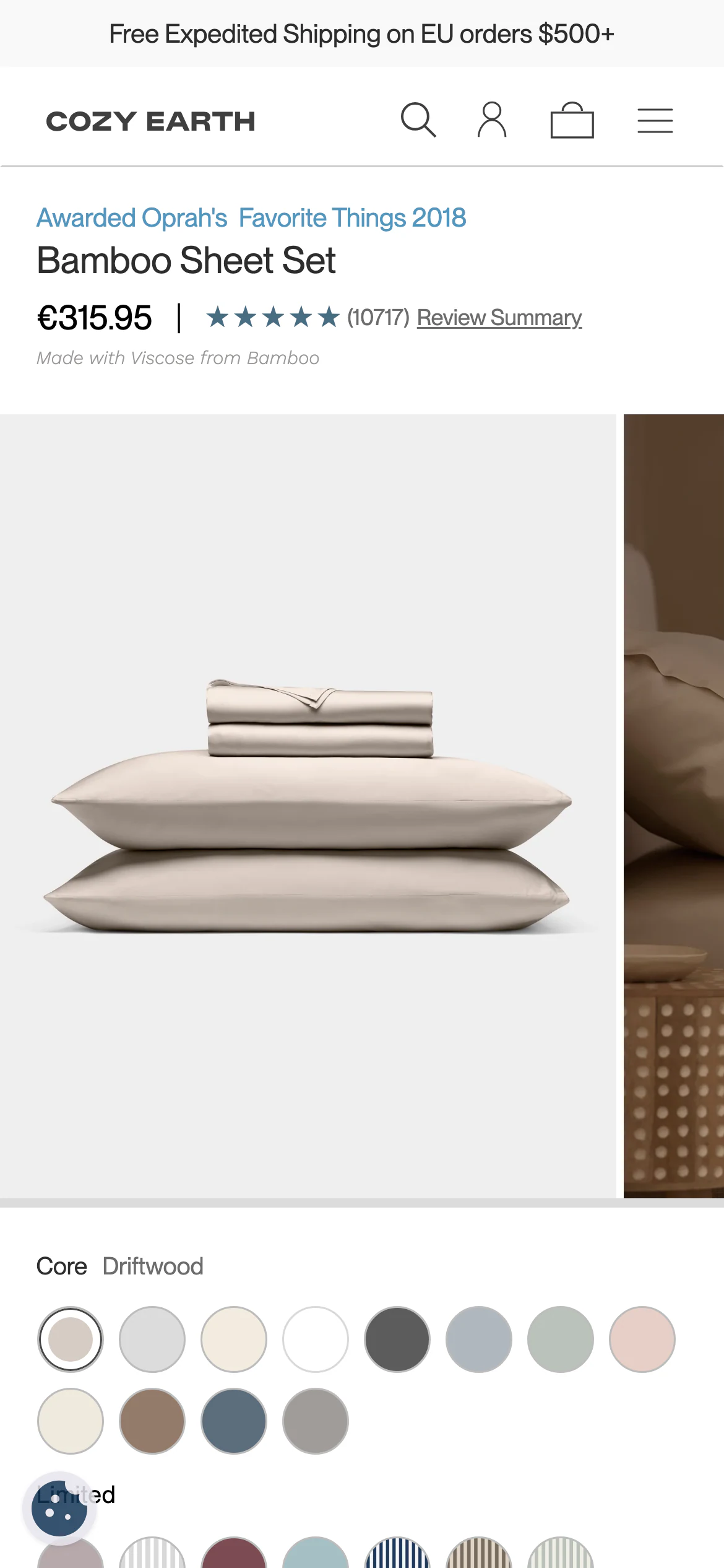Mobile product page of Cozy Earth