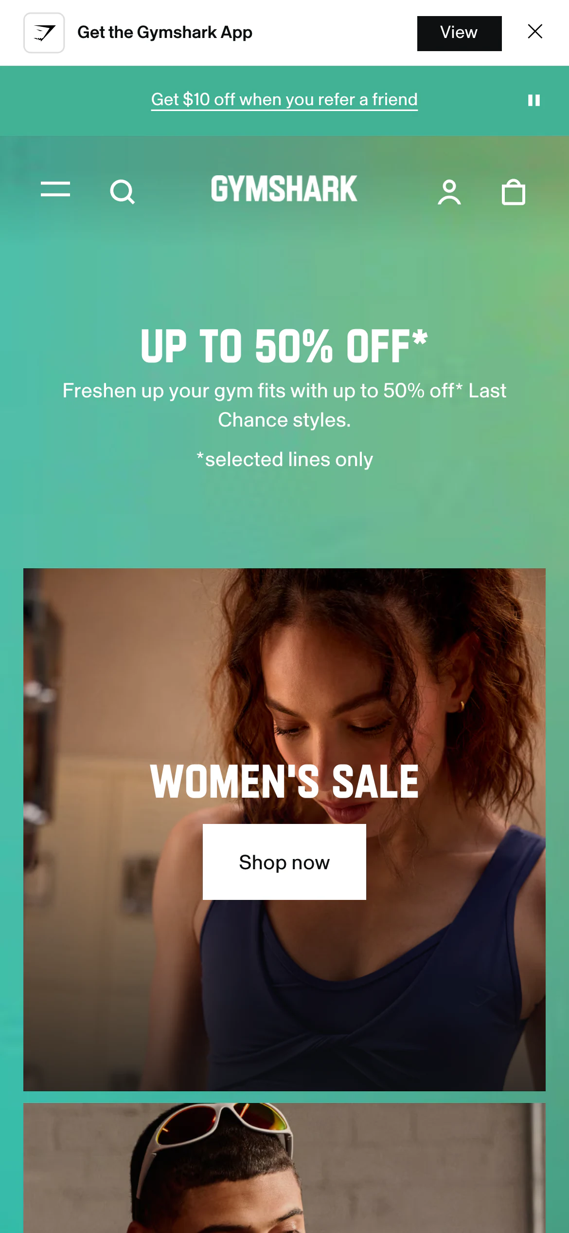 Mobile homepage of Gymshark