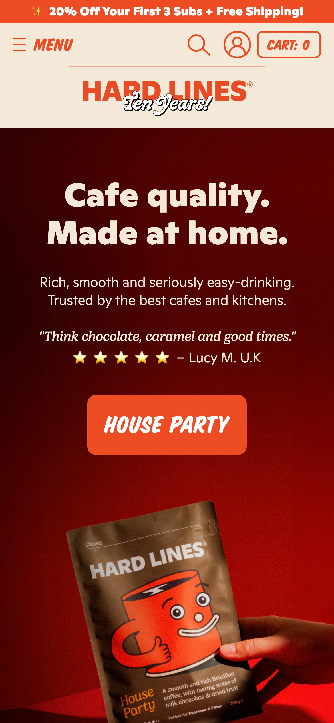 Mobile homepage of Hard Lines