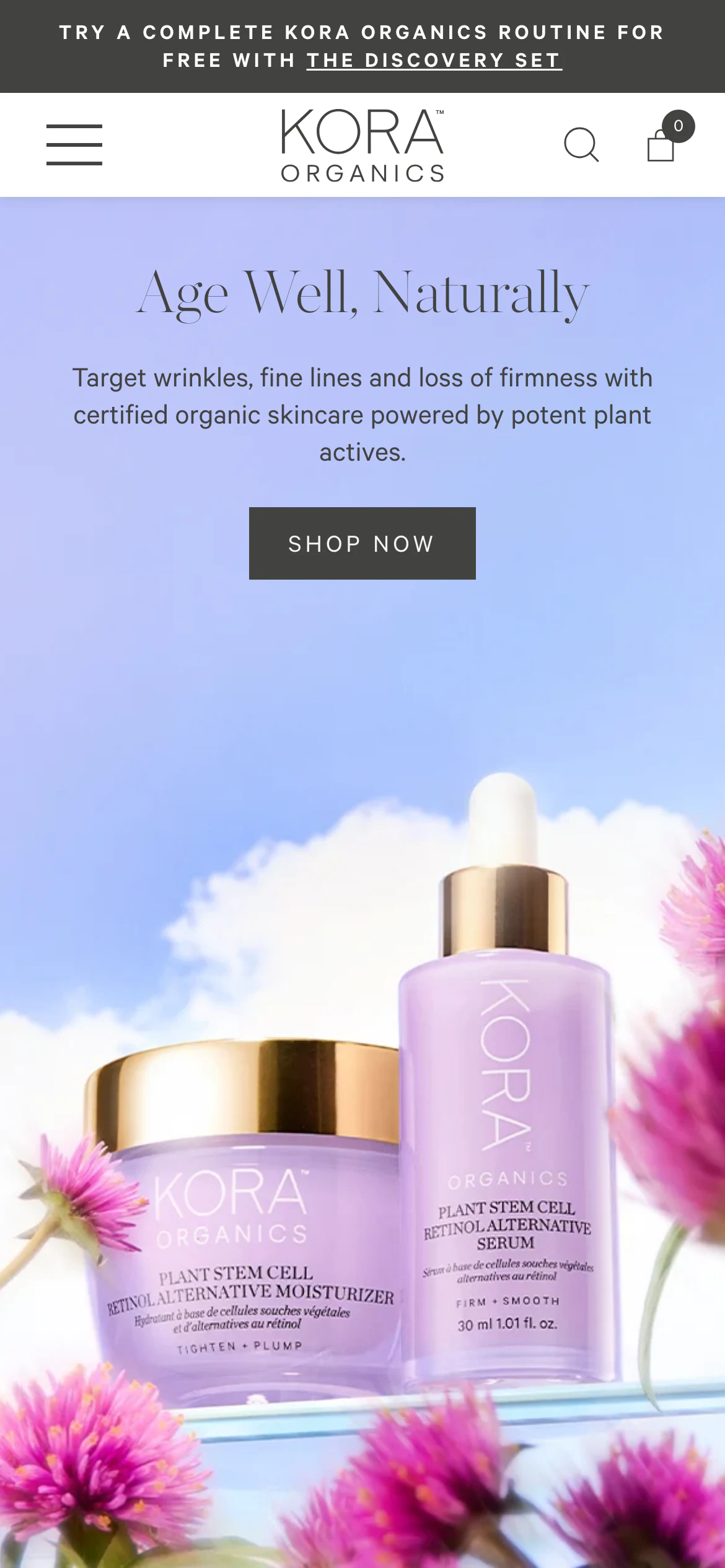 Kora Organics mobile homepage