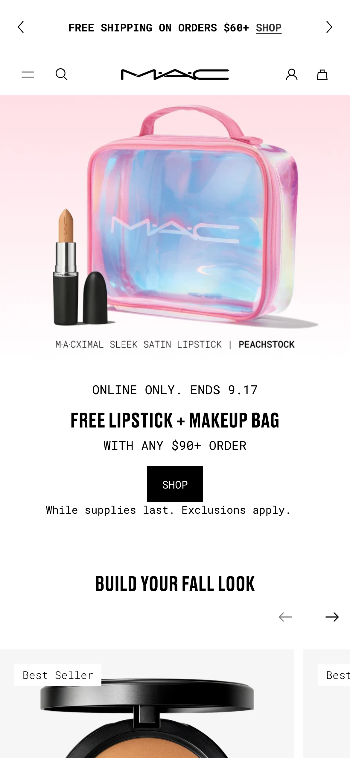 Mobile homepage of MAC Cosmetics