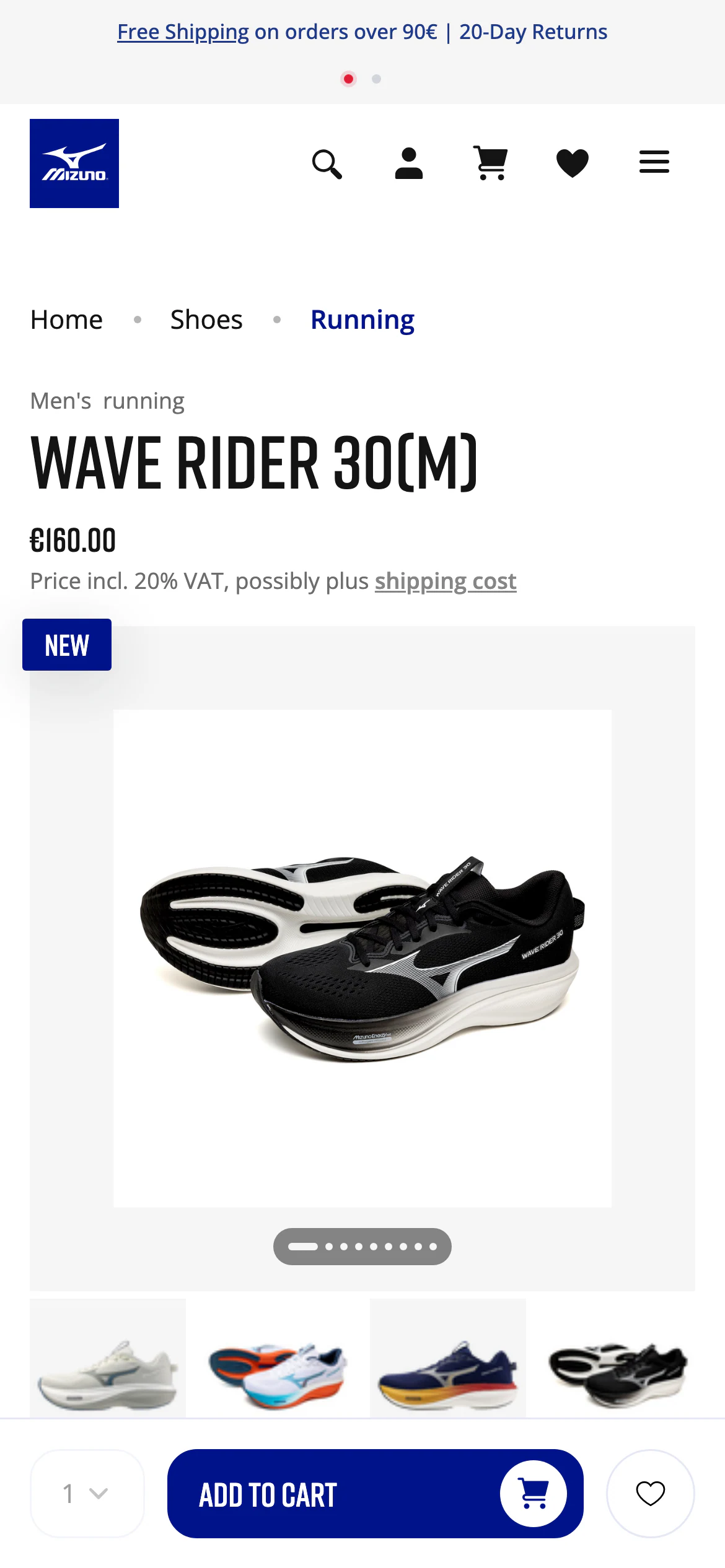 Mobile product page of Mizuno
