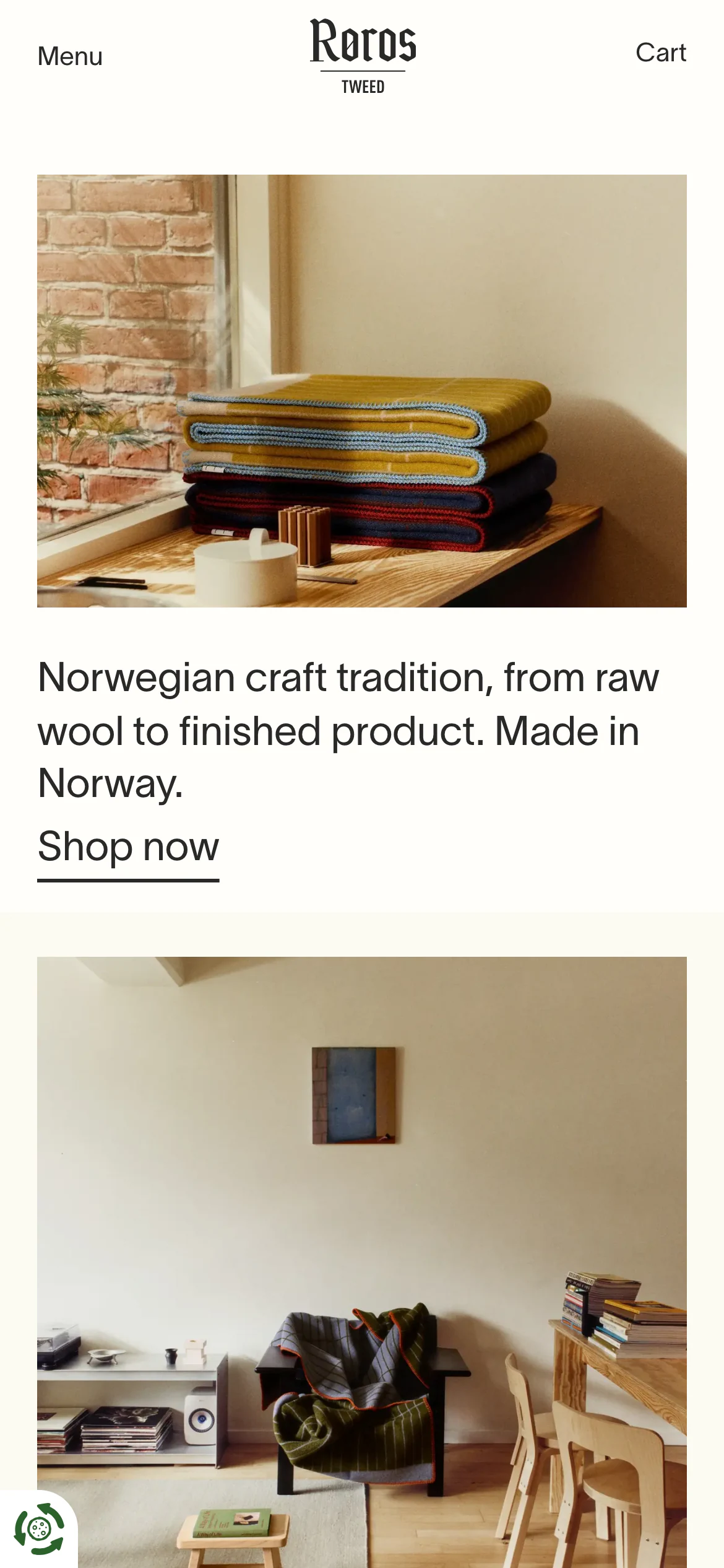 Mobile homepage of Røros Tweed