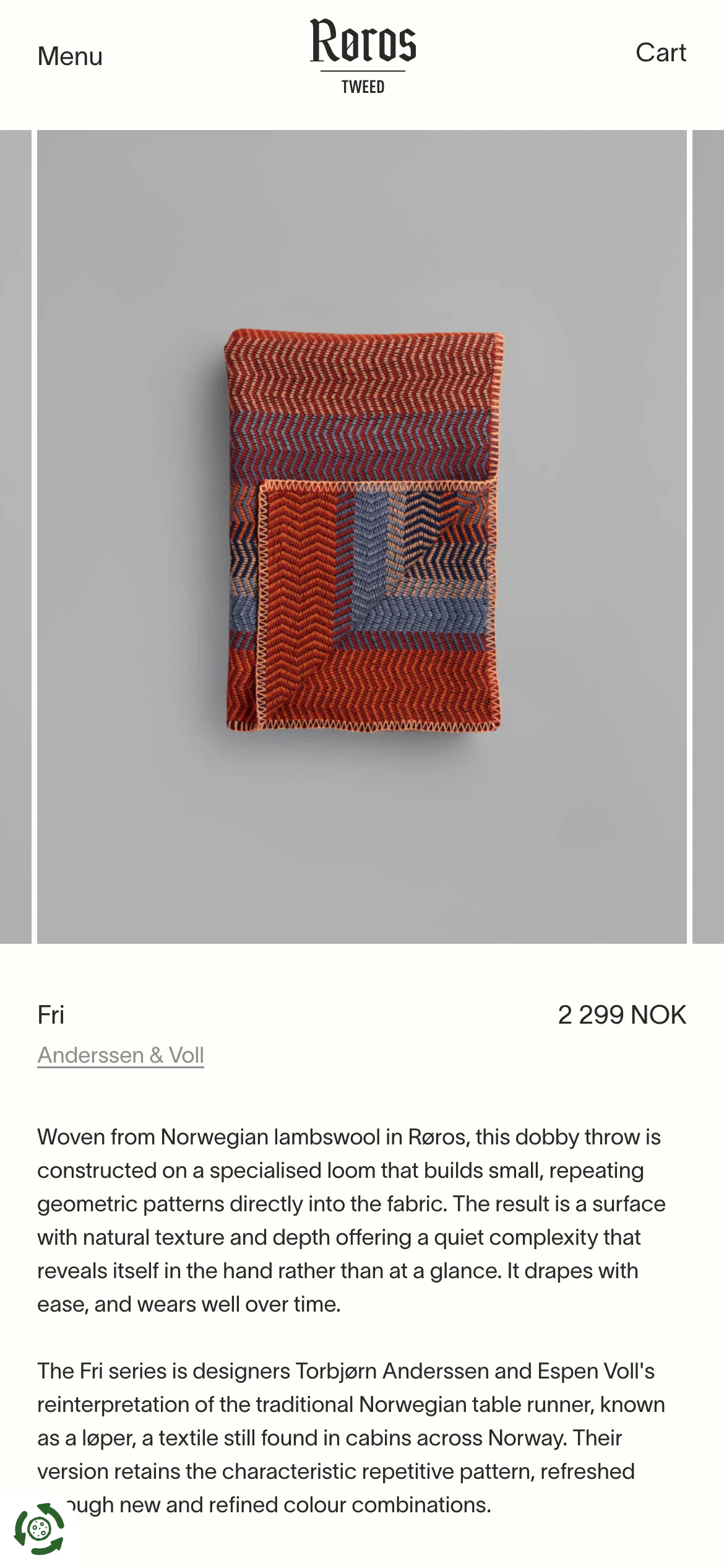 Mobile product page of Røros Tweed