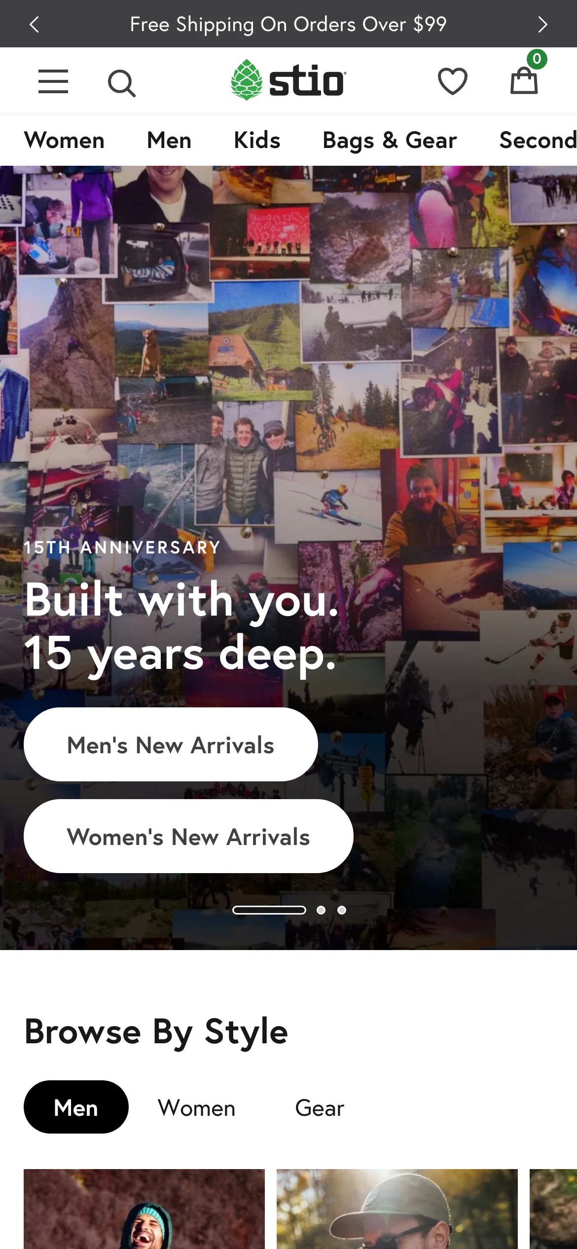 Mobile homepage of Stio