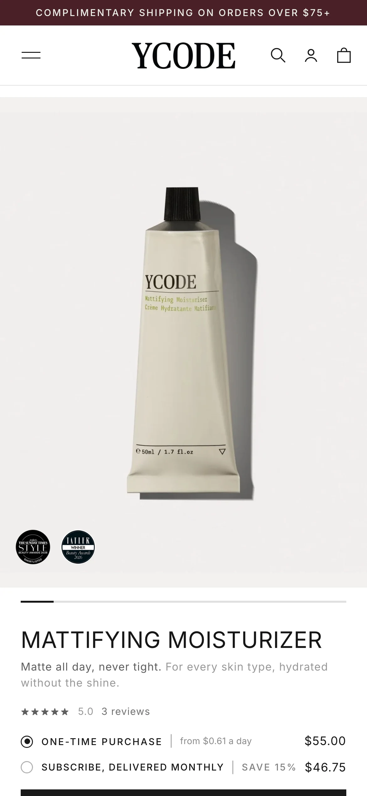 Mobile product page of YCODE